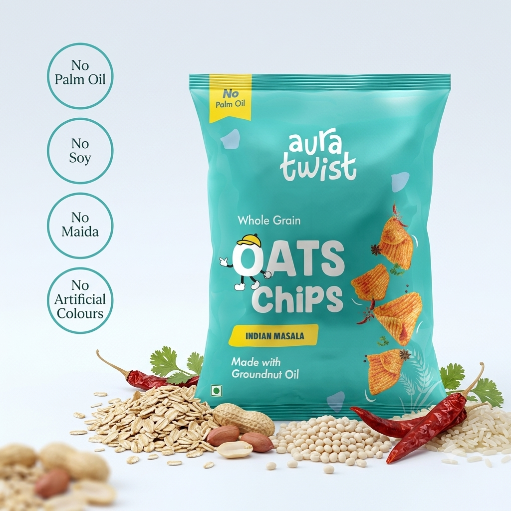 Aura Twist Whole Grain Oats Chips – Pack of 12 Cream and Onion 6+ Indian Masala 6