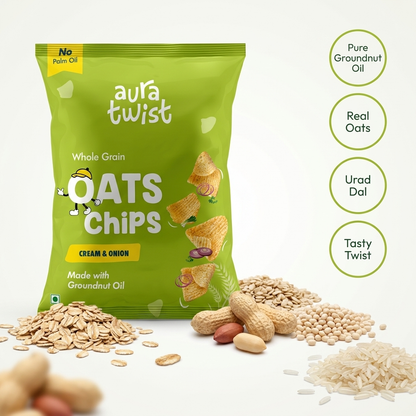 Aura Twist Whole Grain Oats Chips – Pack of 12 Cream and Onion 6+ Indian Masala 6