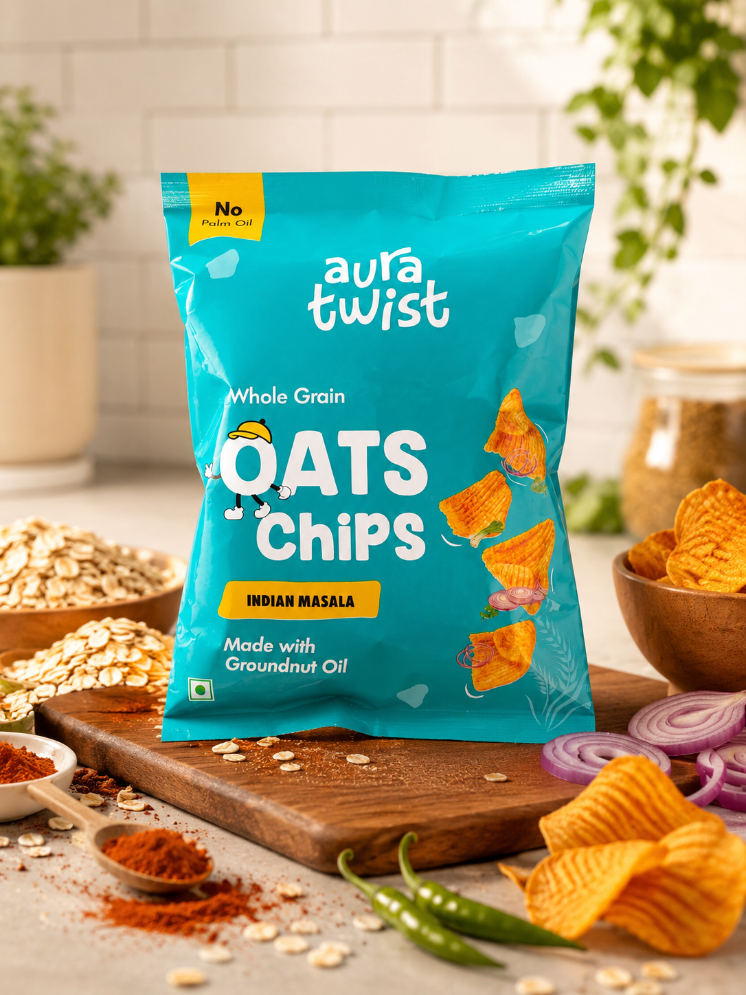 Aura Twist Indian Masala Oats Chips | Healthy Whole Grain Snack | Pack of 12