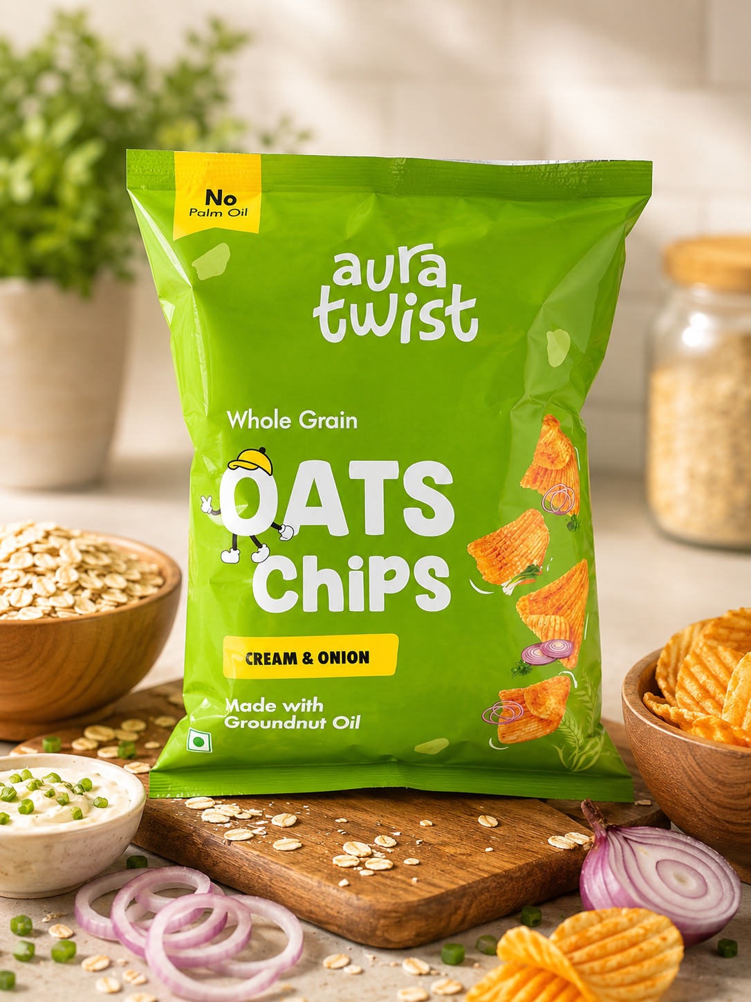 Aura Twist Whole Grain Oats Chips – Cream & Onion | No Palm Oil | Made with Groundnut Oil | Pack of 12