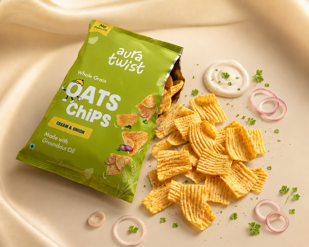 Aura Twist Cream & Onion Oats Chips (Rich in Natural Protein & High Fibre)|Pack of 12|(50gms* 12= 600gms)