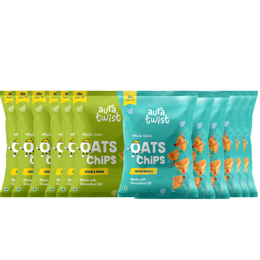 Aura Twist Whole Grain Oats Chips – Pack of 12 Cream and Onion 6+ Indian Masala 6(50 gms*12 =600gms)
