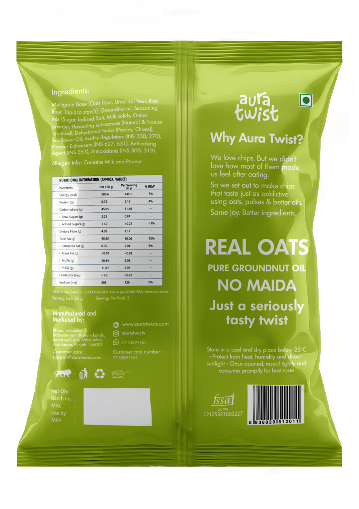 Aura Twist Cream & Onion Oats Chips |Pack of 12|(50gms* 12= 600gms)