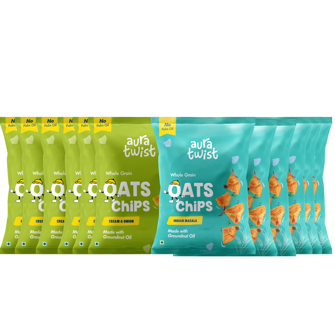 Aura Twist Whole Grain Oats Chips – Pack of 12 Cream and Onion 6+ Indian Masala 6