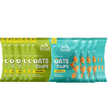 Aura Twist Whole Grain Oats Chips – Pack of 12 Cream and Onion 6+ Indian Masala 6